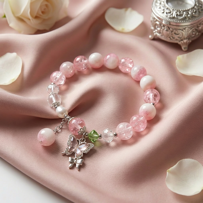 Pink Butterfly Charm Bracelet – Sparkle Beaded Stretch Bracelet