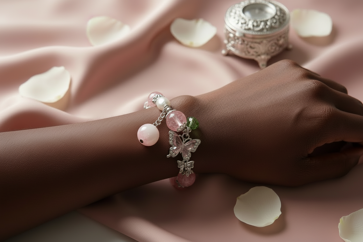 Pink Butterfly Charm Bracelet – Sparkle Beaded Stretch Bracelet