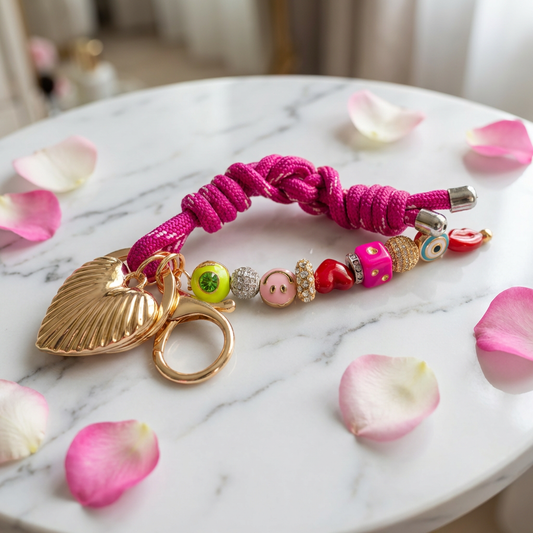 Pink Charm Rope Bracelet with Gold Shell & Smiley Beads