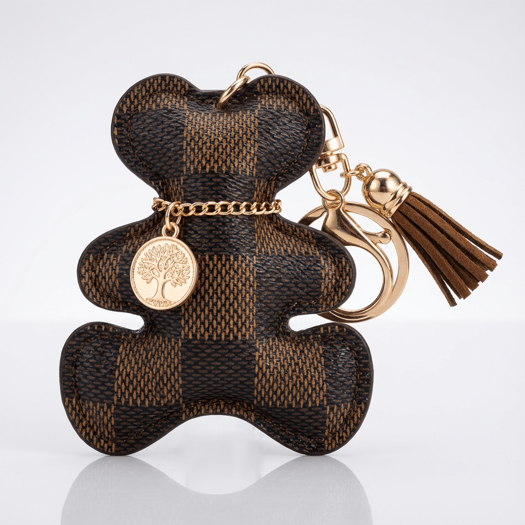 🐻 Brown Checkered Teddy Bear Keychain with Coin & Tassel Charm 🐻
