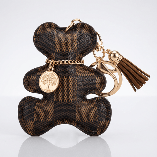 🐻 Brown Checkered Teddy Bear Keychain with Coin & Tassel Charm 🐻
