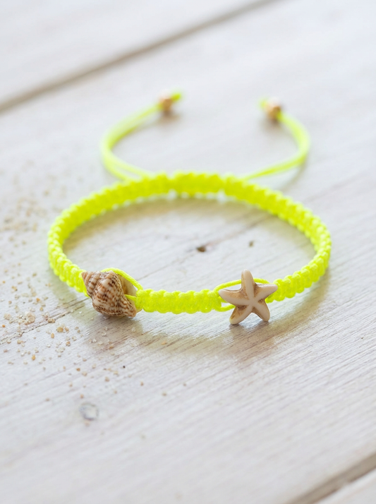 Neon Yellow Macramé Shell Bracelet – Adjustable Starfish Beach Bracelet