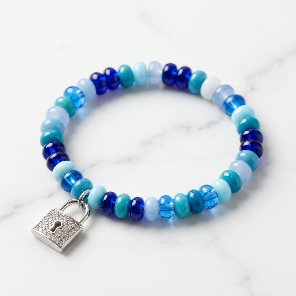 Blue Heart Lock Charm Bracelet – Handmade Beaded Stretch Bracelet