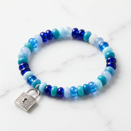 Blue Heart Lock Charm Bracelet – Handmade Beaded Stretch Bracelet