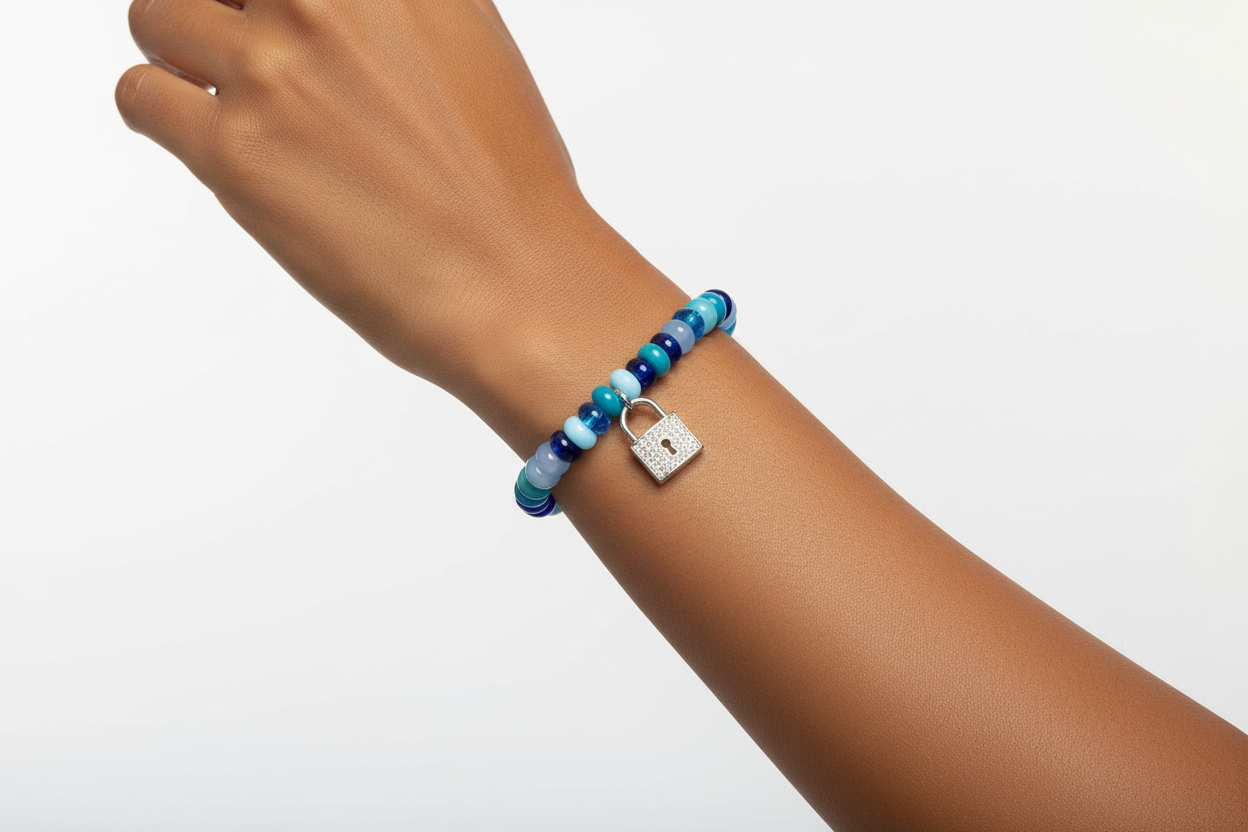 Blue Heart Lock Charm Bracelet – Handmade Beaded Stretch Bracelet