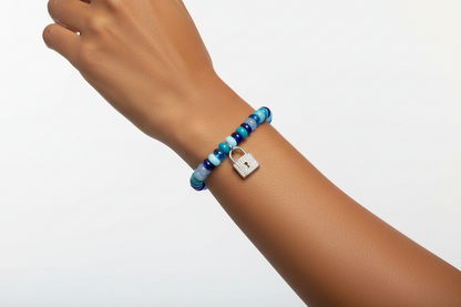 Blue Heart Lock Charm Bracelet – Handmade Beaded Stretch Bracelet