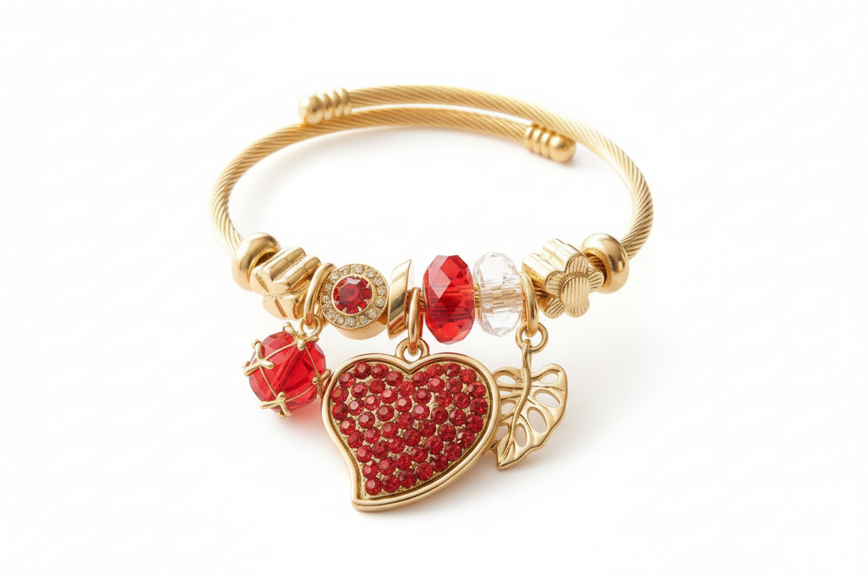 Gold-Tone Heart Charm Bangle Bracelet – Red Crystal Statement Bracelet