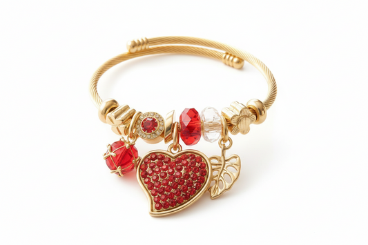 Gold-Tone Heart Charm Bangle Bracelet – Red Crystal Statement Bracelet