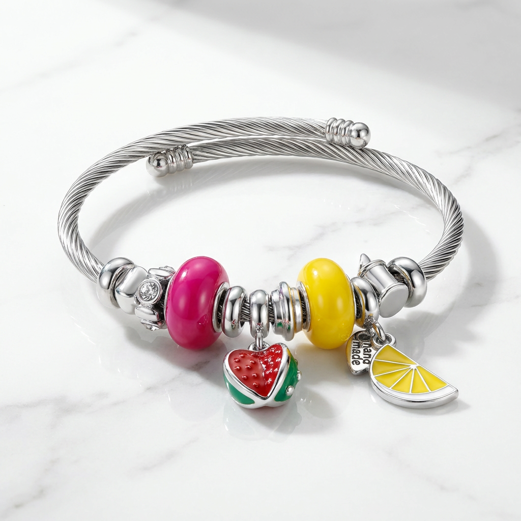 Fruity Charm Silver Bracelet – Lemon & Strawberry Charm Bangle