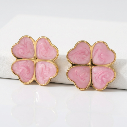 Pink Clover Stainless Steel Earrings – Elegant Feminine Statement Studs