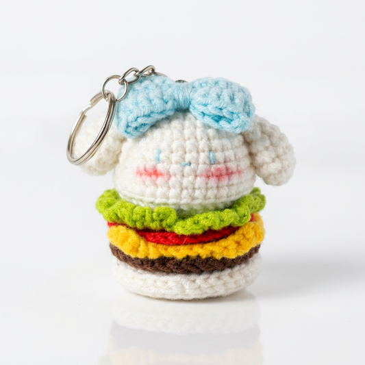 Handmade Crochet Bunny Burger Keychain – Cute Amigurumi Food Charm