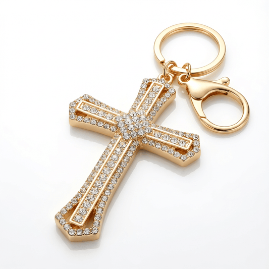 ✨ Gold Cross Keychain with Rhinestones – Religious Bag Charm & Key Holder ✨