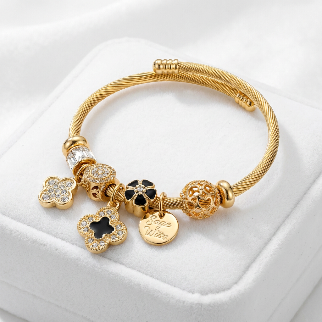 Gold Charm Bangle Bracelet – Elegant Flower Charm Jewelry
