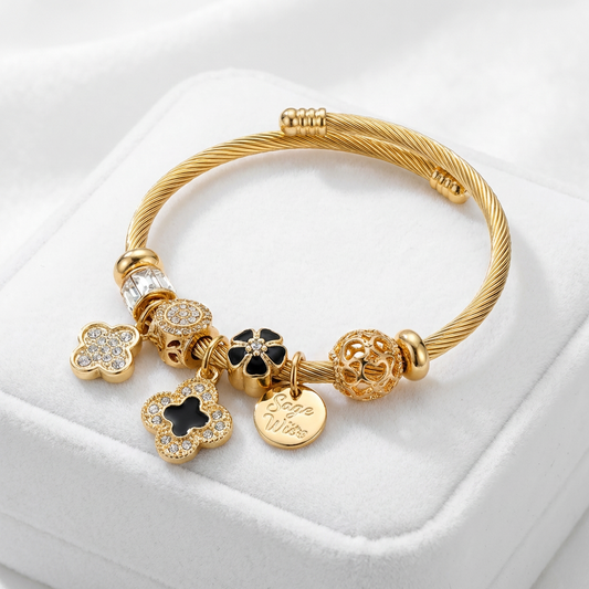 Gold Charm Bangle Bracelet – Elegant Flower Charm Jewelry