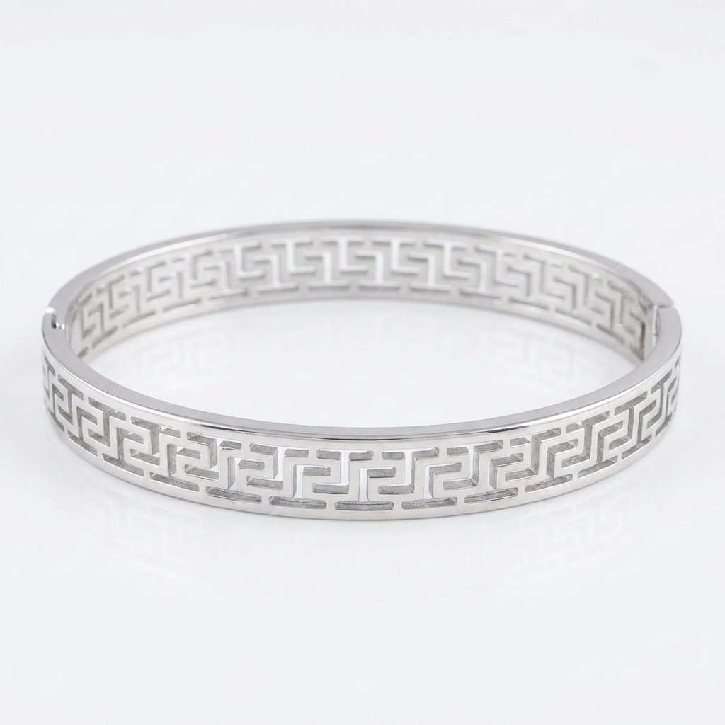 Silver-Tone Greek Key Bangle Bracelet – Classic Geometric Design