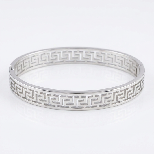 Silver-Tone Greek Key Bangle Bracelet – Classic Geometric Design