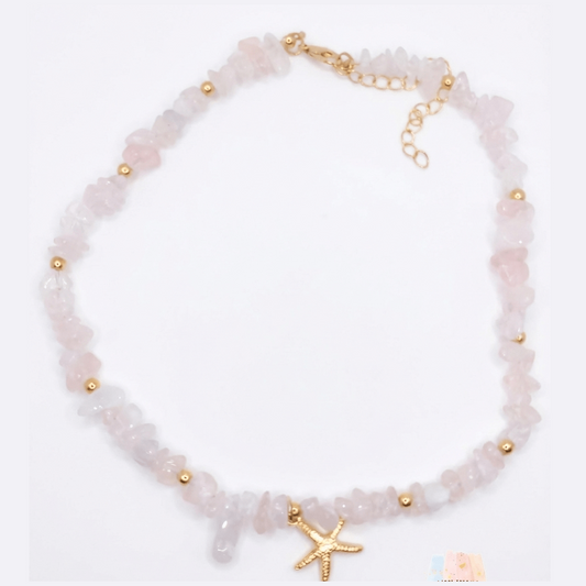 ✨ Rose Quartz Chip Necklace with Gold Starfish Charm – Soft, Elegant & Beachy