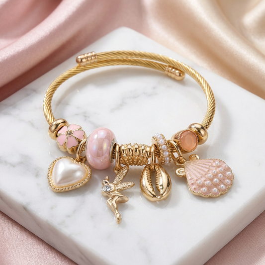 Pink Coastal Charm Gold Bracelet – Fairy, Shell & Pearl Heart Bangle