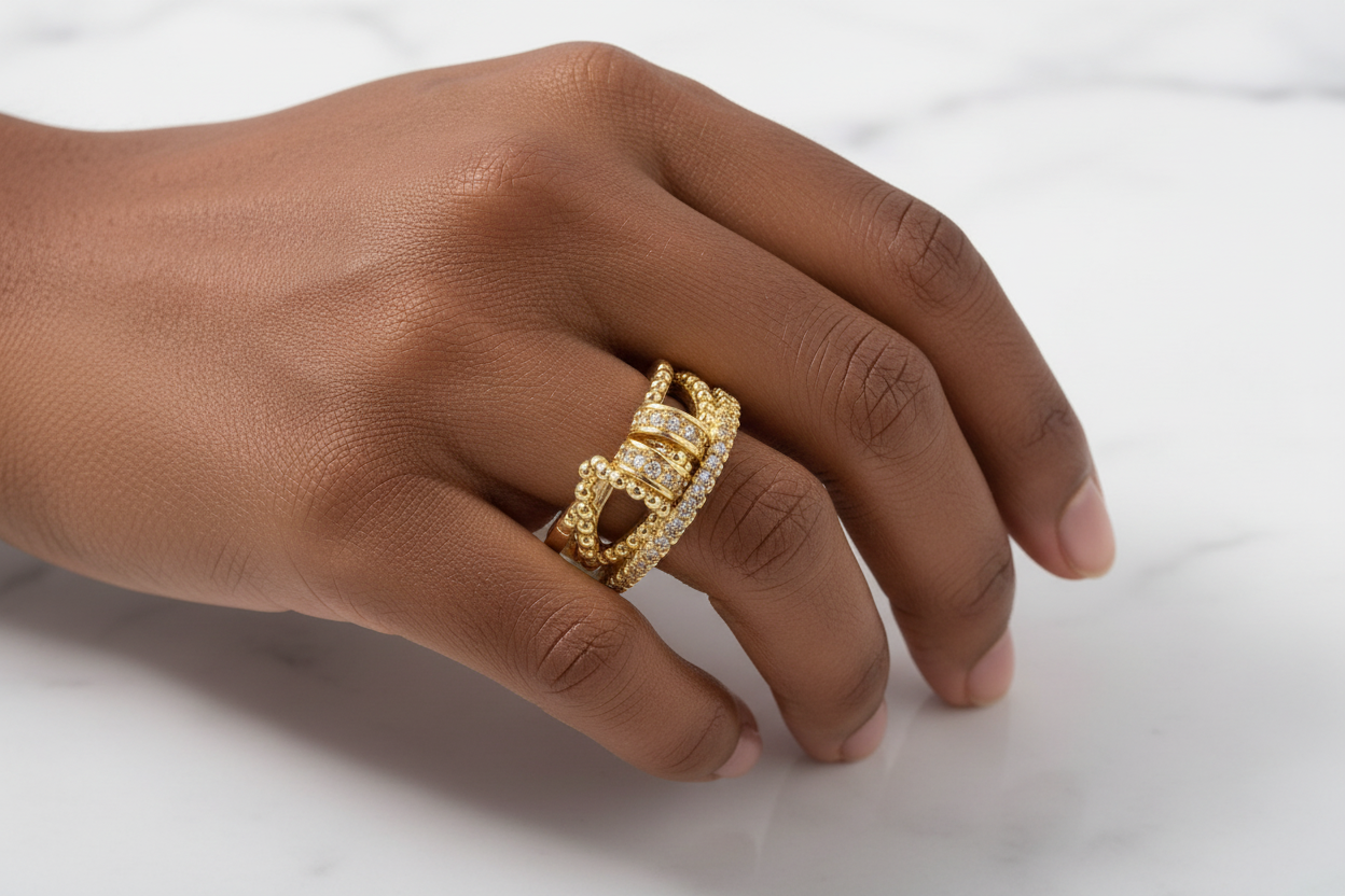 Gold-Tone Open Band Crystal Ring – Adjustable Statement Ring