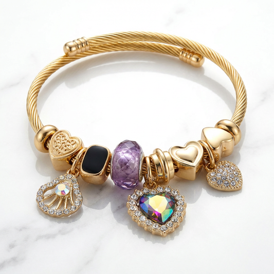 Rainbow Heart Charm Gold Bracelet – Crystal Love Bangle