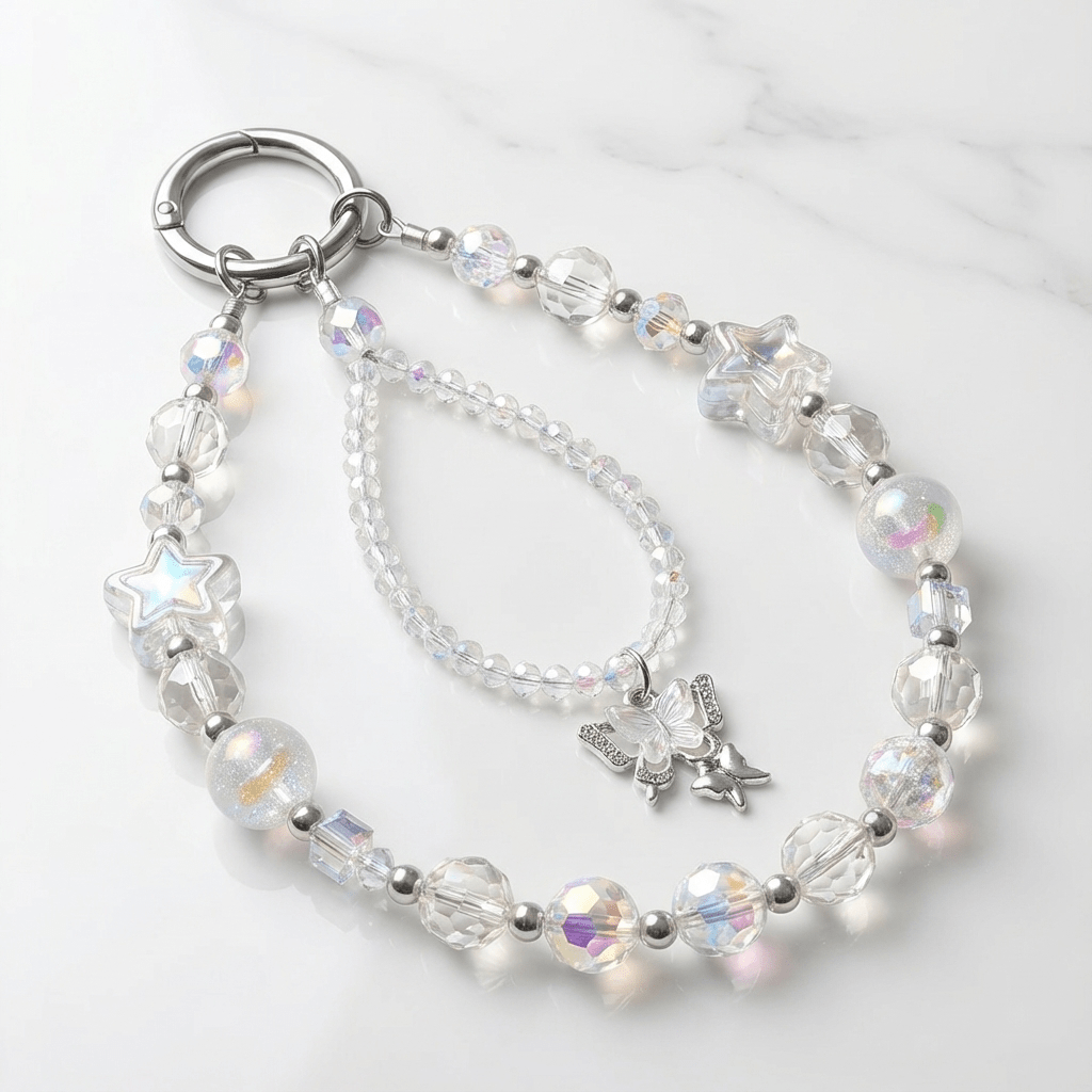 Crystal Iridescent Double Beaded Charm – Phone Chain / Bag Charm with Angel Accent
