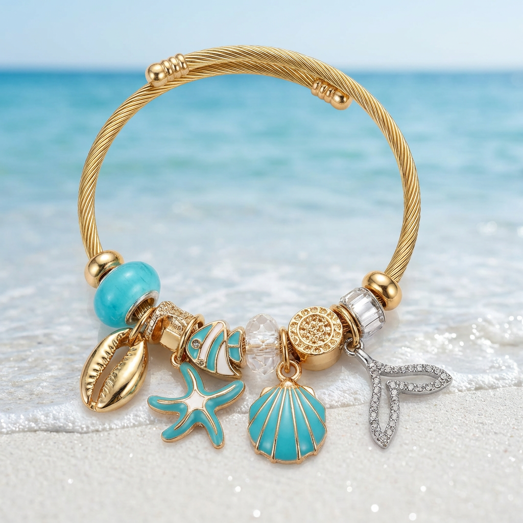 Ocean Charm Bangle Bracelet – Gold & Turquoise Beach Theme Bracelet