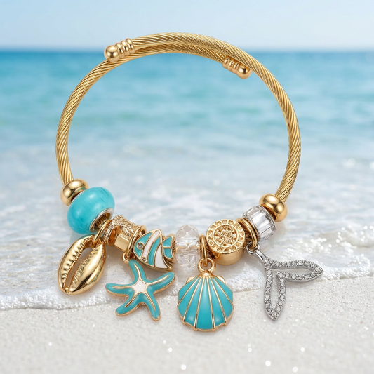 Ocean Charm Bangle Bracelet – Gold & Turquoise Beach Theme Bracelet