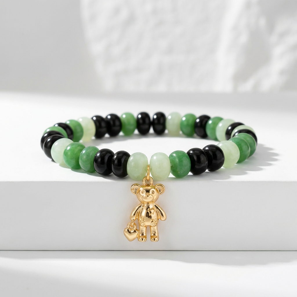 Green Beaded Teddy Bear Charm Bracelet