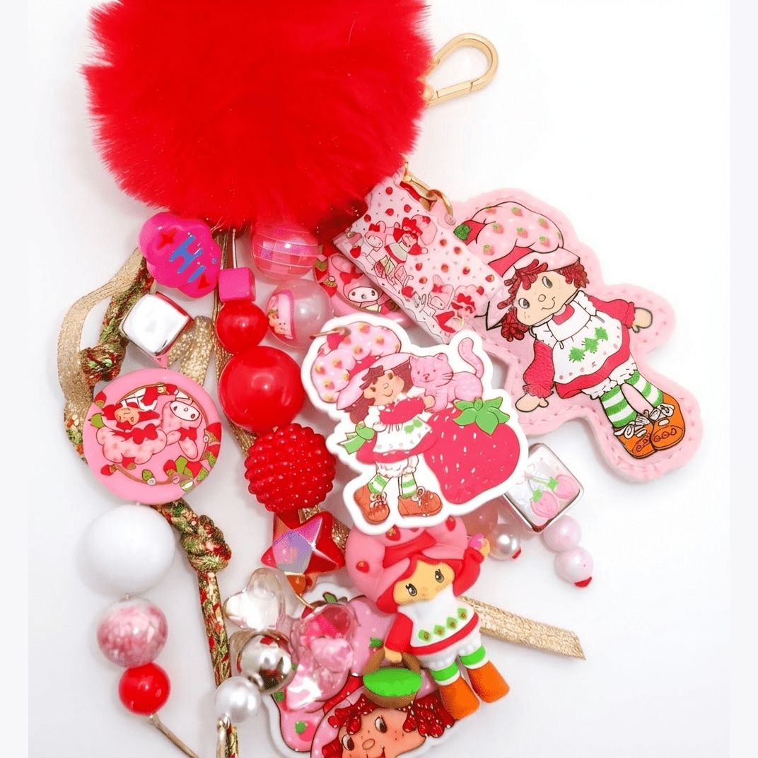 🍓 Strawberry Shortcake Bag Charm – Handmade Pink Beaded Accessory With Pom-Pom 🍓