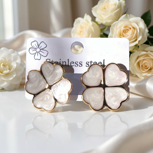 Pearl White Clover Stainless Steel Earrings – Gold Trim Floral Studs