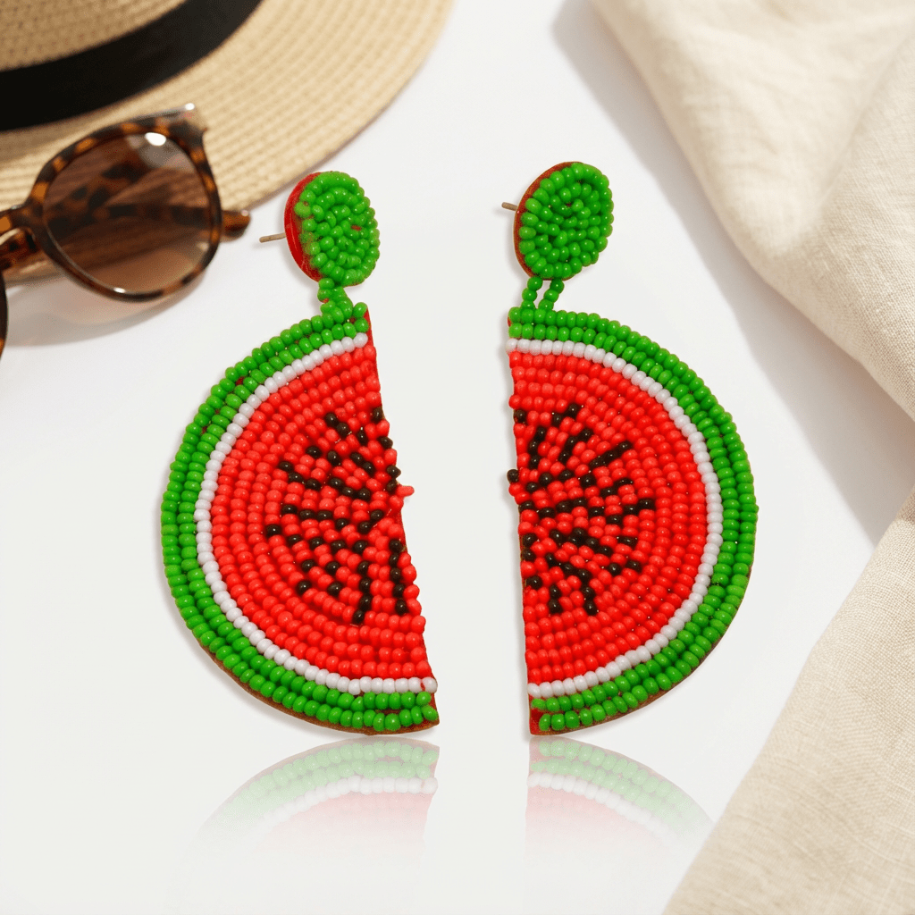 Handmade Beaded Watermelon Slice Earrings