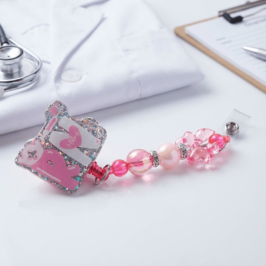 ✨ Glitter RN Badge Reel with Beaded Charm – Nurse ID Holder ✨