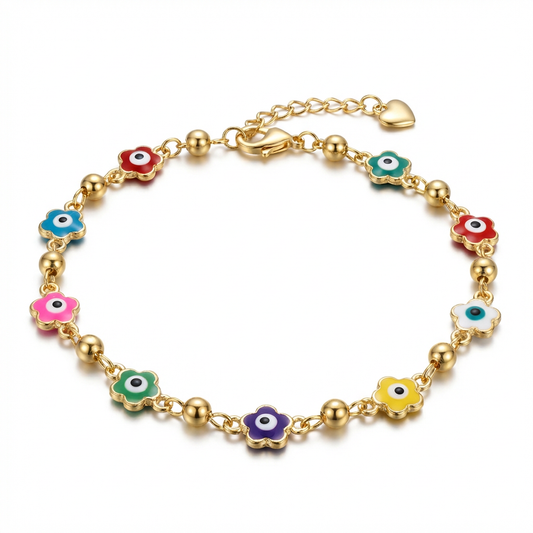 Colorful Evil Eye Flower Bracelet – Gold Charm Protection Bracelet
