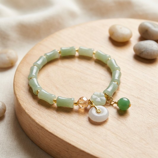 Mint Jade Bamboo Beaded Bracelet with Charm