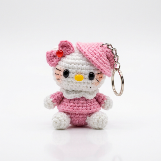 Handmade Crochet Kitty Keychain – Cute Pink Cat Plush Bag Charm