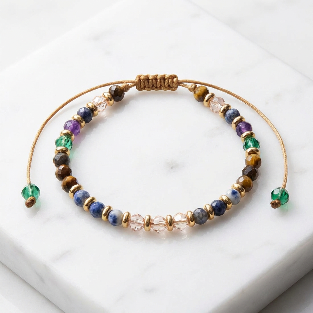 Multicolor Crystal Beaded Bracelet – Adjustable Gold Cord Design