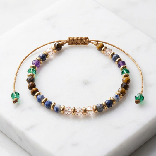 Multicolor Crystal Beaded Bracelet – Adjustable Gold Cord Design