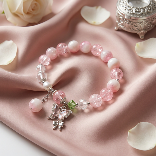 Pink Butterfly Charm Bracelet – Sparkle Beaded Stretch Bracelet
