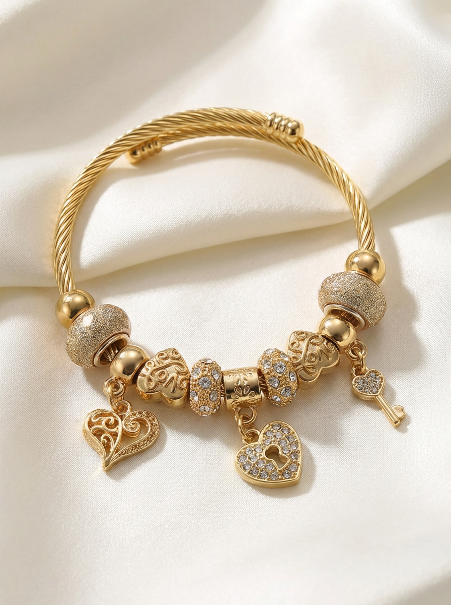 Gold-Tone Charm Bracelet with Heart & Key Charms – Elegant Sparkle Beaded Bangle