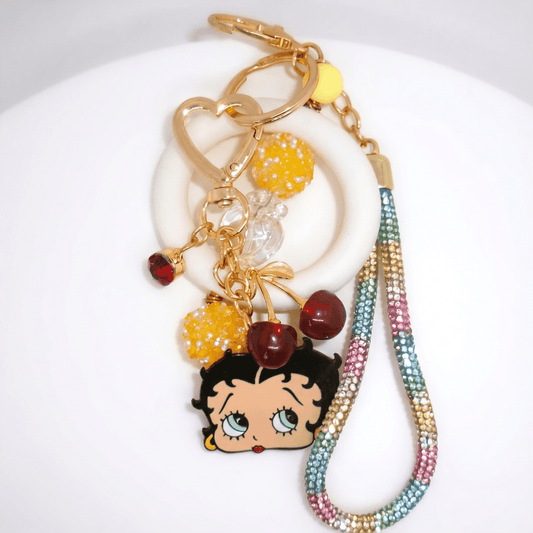 💖 Betty Boop & Fruit Charm Keychain – Colorful Beads & Fun Bag Accessory