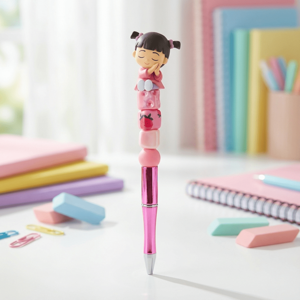 🌸 Pink Sleeping Girl Character Beaded Pen – Sweet, Dreamy & Perfect for Daily Writing