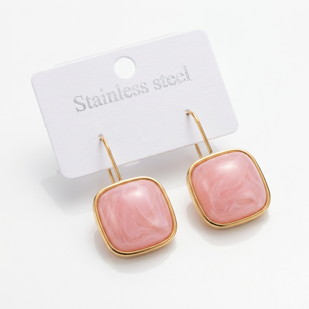 Pink Square Drop Earrings – Gold-Tone Stainless Steel Earrings