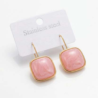 Pink Square Drop Earrings – Gold-Tone Stainless Steel Earrings