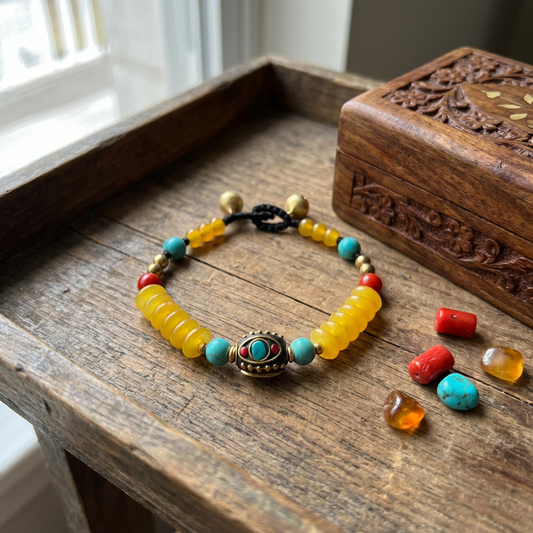 Bohemian Turquoise & Yellow Beaded Bracelet – Adjustable Handmade Style