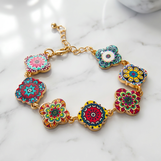 Colorful Mandala Flower Bracelet – Gold Tone Boho Floral Link Bracelet