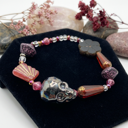 Vintage-Inspired Statement Beaded Bracelet – Pink, Burgundy & Black Charm Design