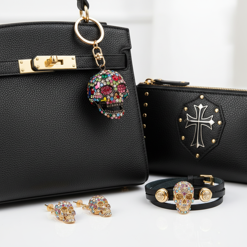 Rhinestone Skull Keychain – Multicolor Crystal Gothic Bag Charm