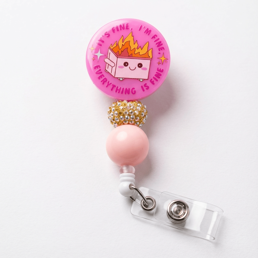 🔥 “It’s Fine, I’m Fine, Everything is Fine” Badge Reel – Funny Beaded Retractable ID Holder
