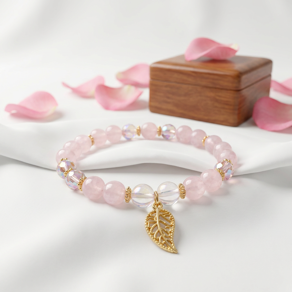 Blush Pink Leaf Charm Bracelet – Handmade Beaded Stretch Bracelet