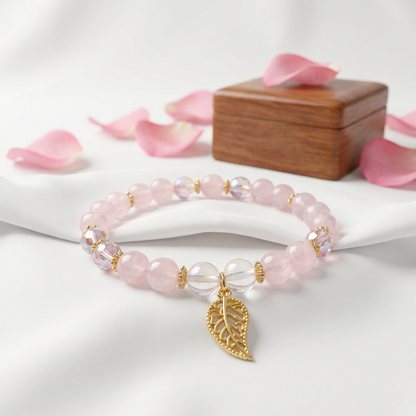 Blush Pink Leaf Charm Bracelet – Handmade Beaded Stretch Bracelet
